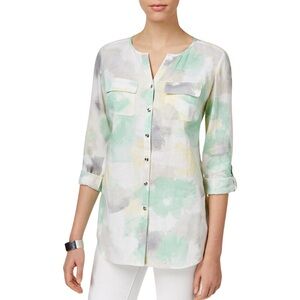 JM Collection Linen Floral Tie Dye V-Neck Button Down Top - 10 - Green, White